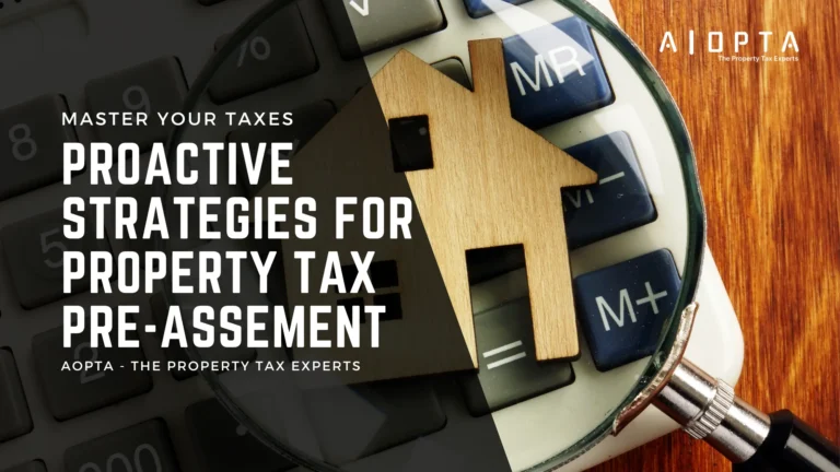 Image of a house model on a magnifying glass over a calculator, highlighting AOPTA's pre-assessment property tax strategies.