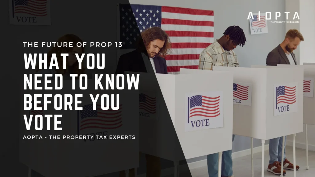 Four U.S. citizens casting their votes at a polling station, preparing to decide on key issues like ACA-1 and ACA-13, with the American flag in the background symbolizing the importance of this election for California homeowners and the future of Prop 13.