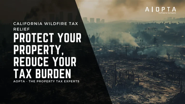 Aerial view of a California community severely damaged by wildfire, with burned homes, smoke, and haze across the landscape.